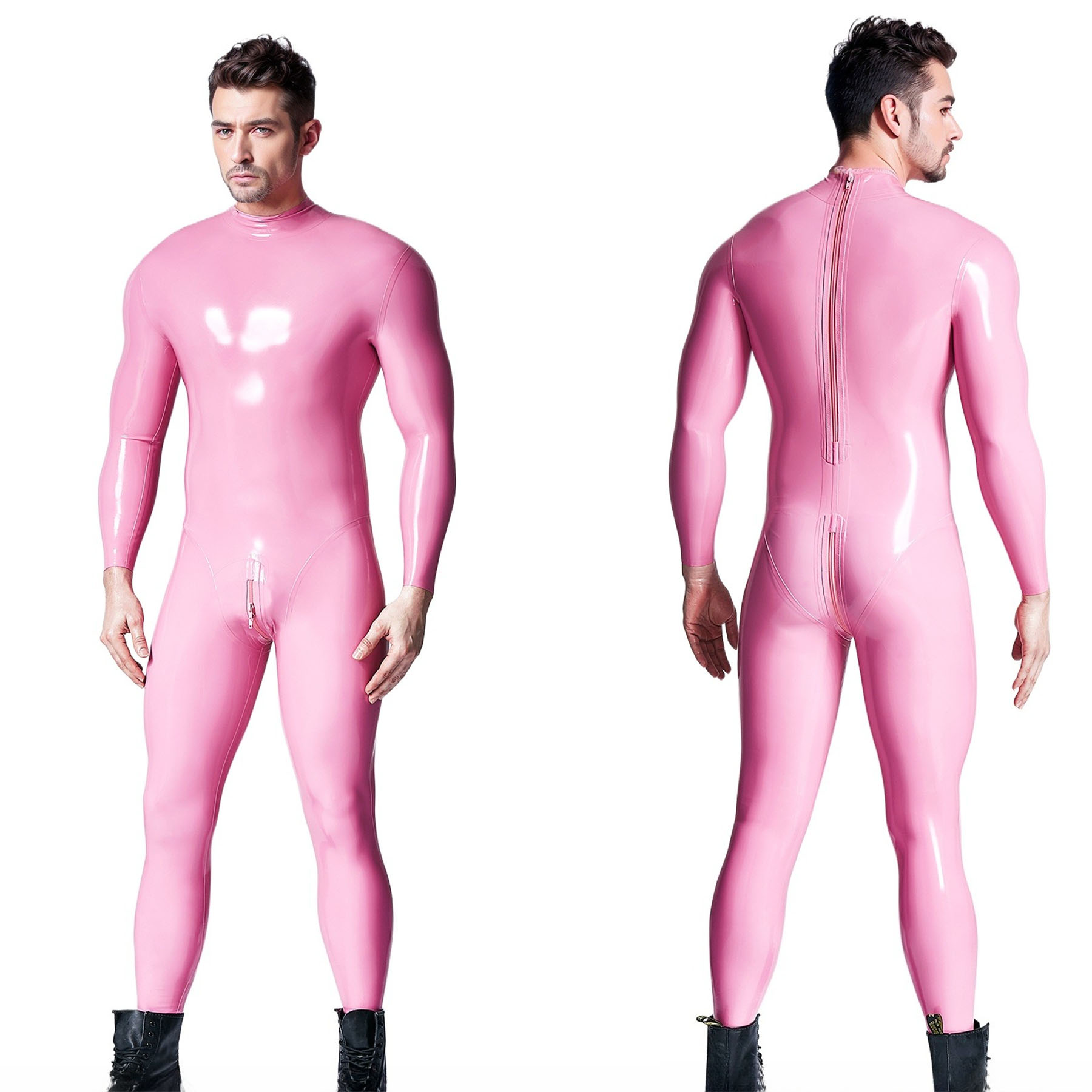 Mens Fashion Jumpsuit - Handmade Pink Latex Full Body Catsuit